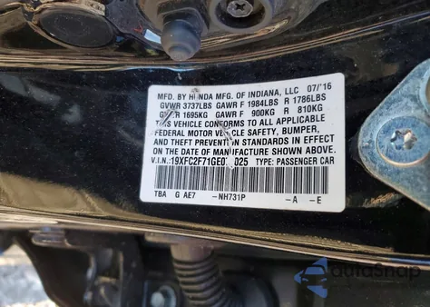 2016 Honda Civic Ex z USA, uszkodzony, nr VIN 19XFC2F71GE073025